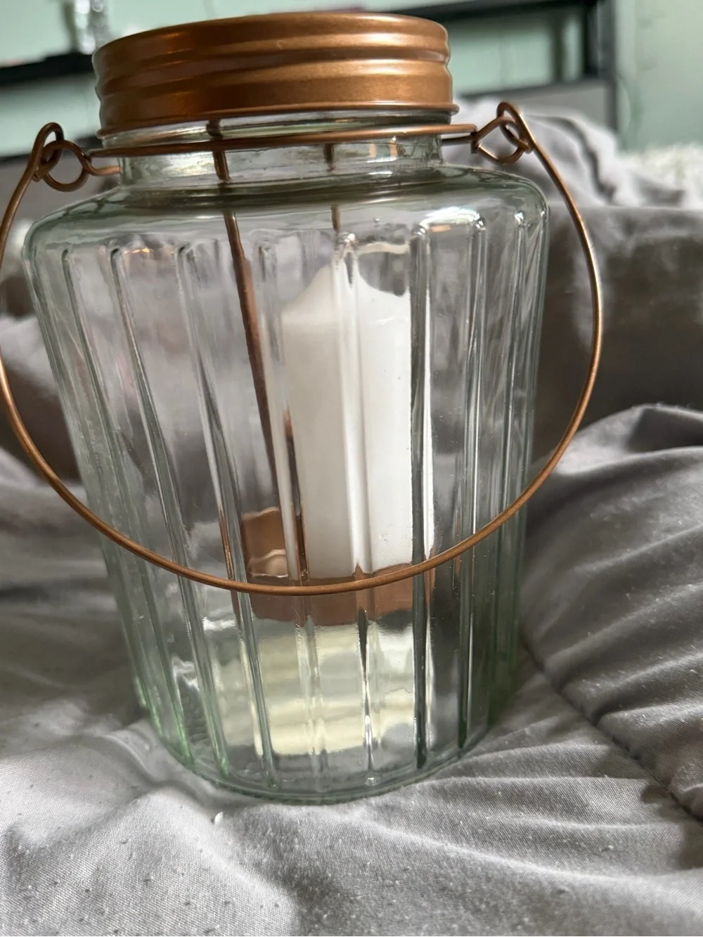 Vintage Ribbed Glass Lantern with Copper-Tone Lid